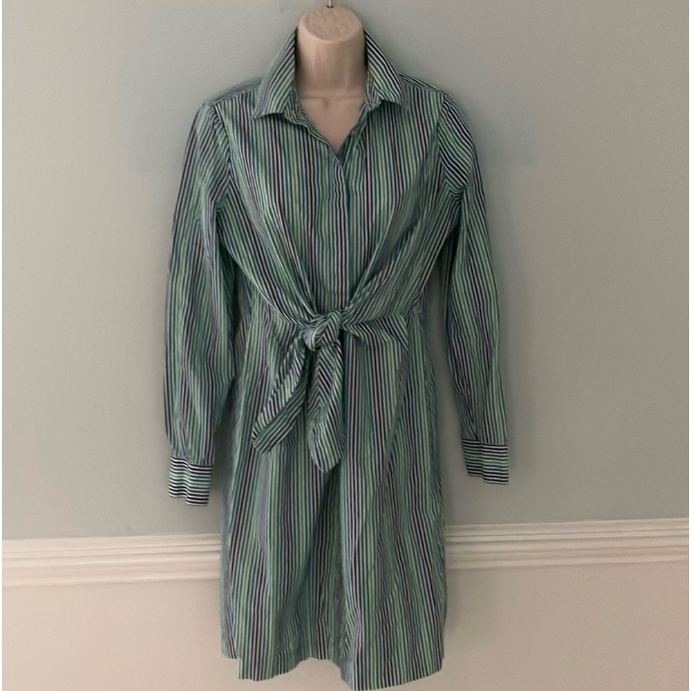 Calvin Klein shirtdress tailored vertical strips button front waist tie collar 6